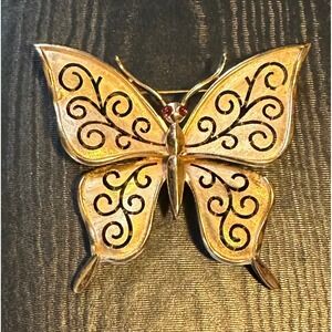 Large Vintage Trifari Butterfly Pin Cut Out Design Brush Gold Red Eyes